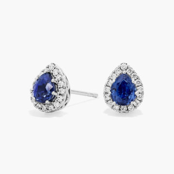 Pear-Shaped Sapphire Stud Earrings with Diamond Halo in 14k White Gold (5x4mm)