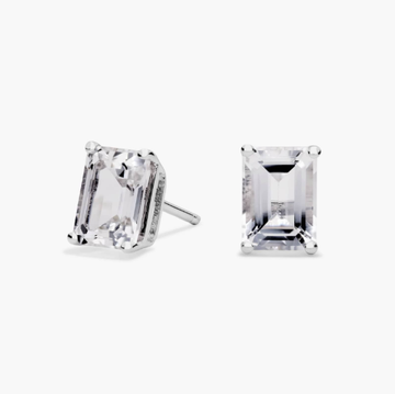 Emerald Cut Birthstone White Topaz Stud Earrings in 14K White Gold (7x5mm)