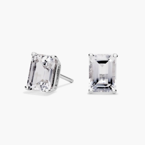 Emerald Cut Birthstone White Topaz Stud Earrings in 14K White Gold (7x5mm)