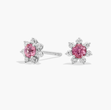 Mini Pink Tourmaline Earrings with Diamond Blossom Halo in 14k White Gold (3.5mm)