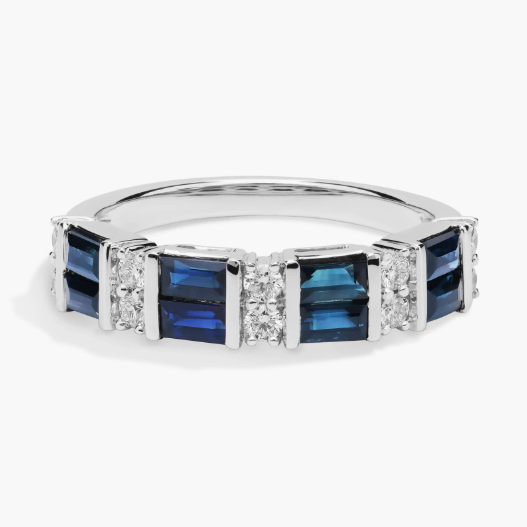Alternating Sapphire Baguette and Diamond Ring in 14k White Gold