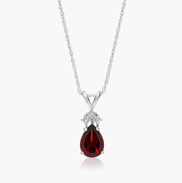 14K White Gold Pear Shaped Garnet & Tri-Diamond Birthstone Pendant Necklace