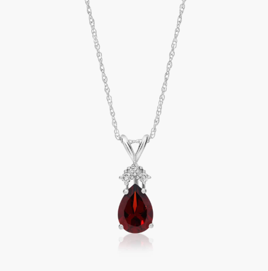 14K White Gold Pear Shaped Garnet & Tri-Diamond Birthstone Pendant Necklace