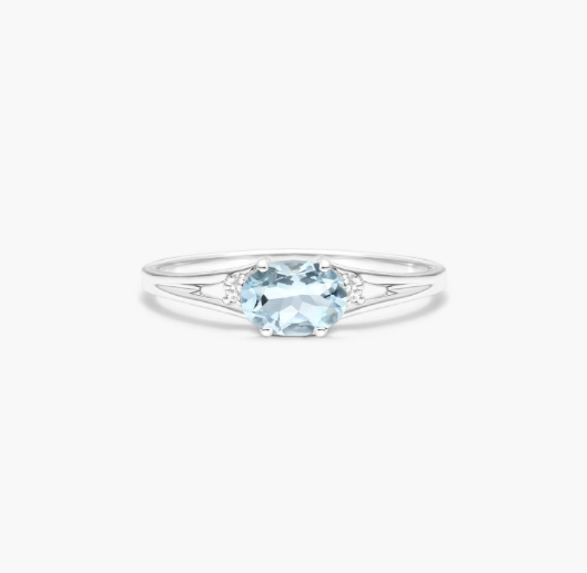Oval Aquamarine And Diamond Accent Birthstone Ring In 14K White Gold