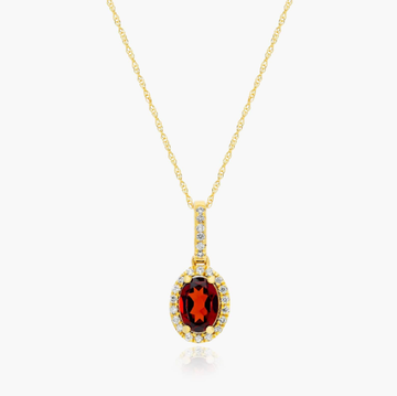 14K Yellow Gold Oval Halo Garnet and Diamond Necklace