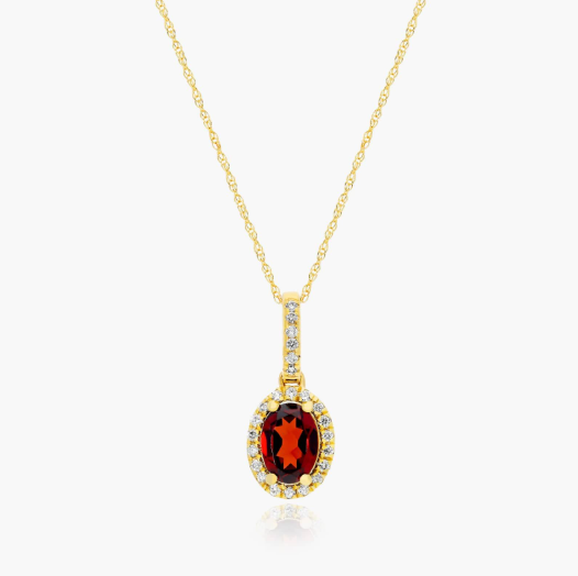 14K Yellow Gold Oval Halo Garnet and Diamond Necklace