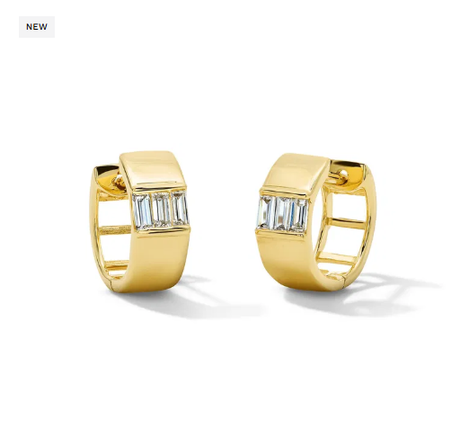 Gold Baguette Diamond Huggie Hoop Earrings 18K