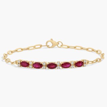 Diamond and Ruby Paperclip Bracelet in 14K Yellow Gold