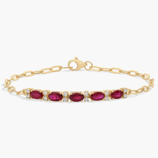 Diamond and Ruby Paperclip Bracelet in 14K Yellow Gold