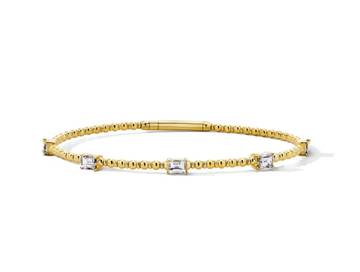 Emerald-Cut Diamond Flexible Gold Beaded Bracelet 14K