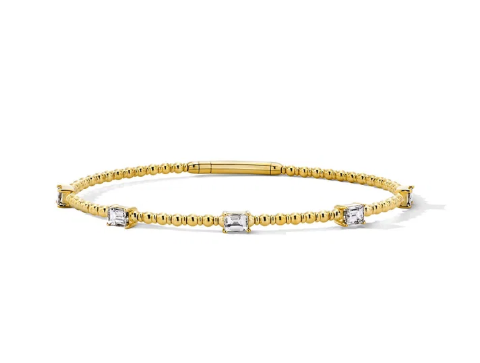 Emerald-Cut Diamond Flexible Gold Beaded Bracelet 14K