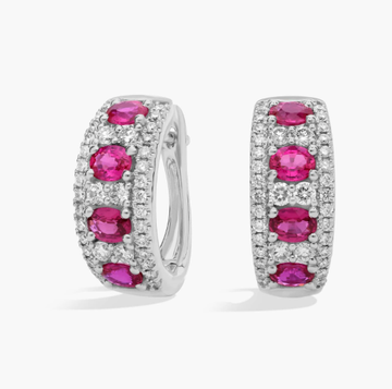 Ruby and Diamond Hoop Earring in 14k White Gold (4x3mm)