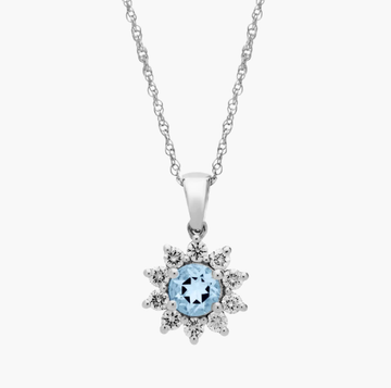 Round Aquamarine and Diamond Halo Pendant Necklace in 14k White Gold (6mm)