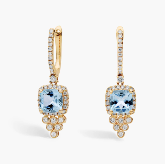 Cushion Cut Aquamarine and Diamond Drop Earrings in 14k Yellow Gold
