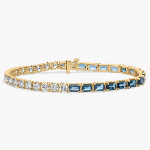 Round Diamond and Emerald Cut Blue Topaz Half and Half Tennis Bracelet in 14k Yellow Gold