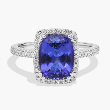 Cushion Cut Tanzanite Double Prong Diamond Halo Ring in 14K White Gold (10x8mm)