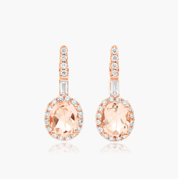 Petite Morganite And Diamond Halo Drop Earrings In 14K Rose Gold