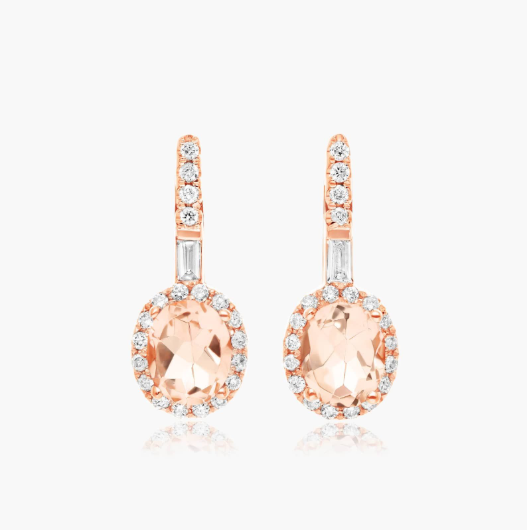 Petite Morganite And Diamond Halo Drop Earrings In 14K Rose Gold