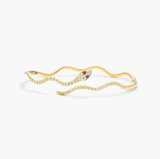 Snake Motif Diamond and Ruby Bracelet In 14K Yellow Gold