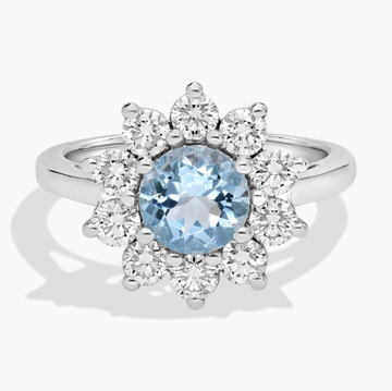 Round Aquamarine and Diamond Halo Ring in 14k White Gold