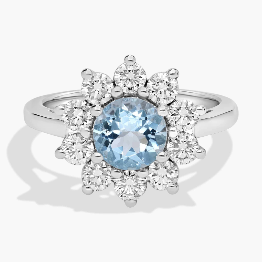 Round Aquamarine and Diamond Halo Ring in 14k White Gold