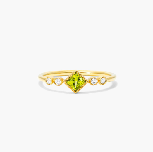 Dainty Peridot Bezel Diamond Ring In 14K Yellow Gold