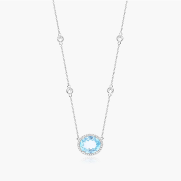 14K White Gold Blue Topaz, Diamond and White Sapphire Station Necklace (12.0x10.0mm)