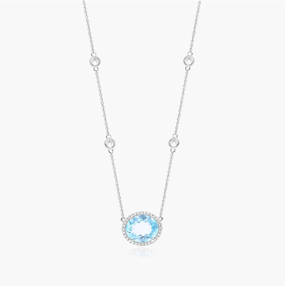14K White Gold Blue Topaz, Diamond and White Sapphire Station Necklace (12.0x10.0mm)