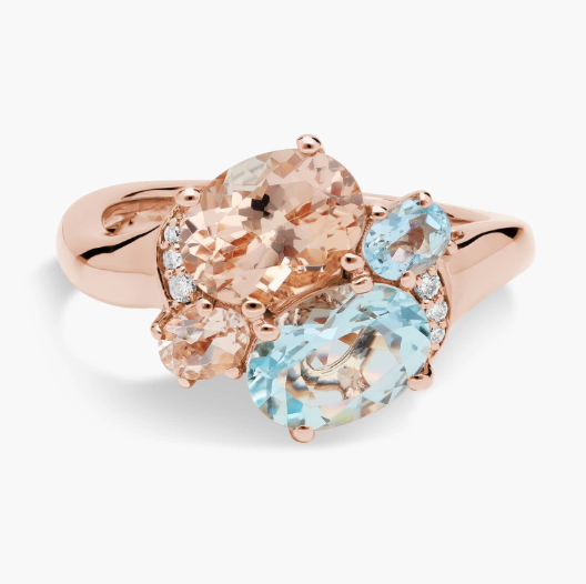 Morganite and Aquamarine Cocktail Ring with Diamond Accents in 14k Rose Gold
