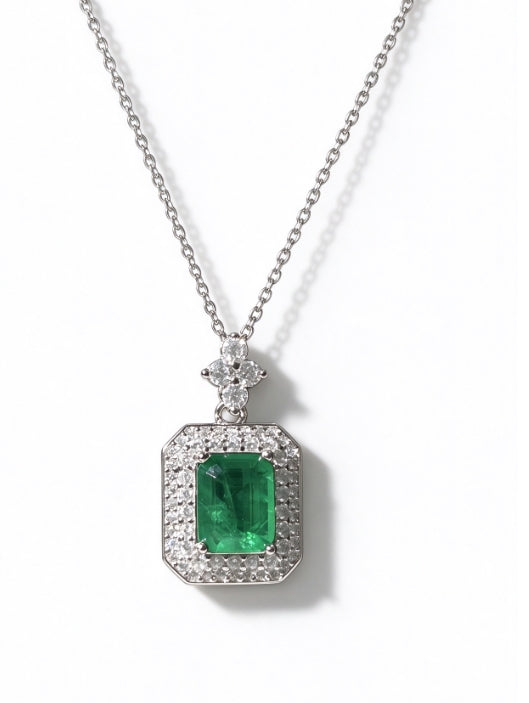 Emerald Cut Lab Grown Emerald Pendant Necklace, 3ct Center Stone in S925 Silver