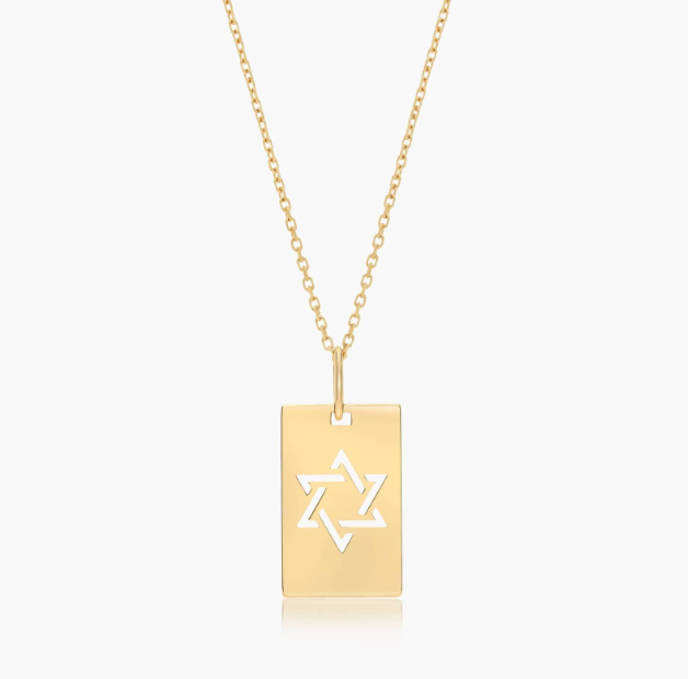 14K Yellow Gold Star of David Dog Tag Pendant Necklace