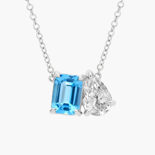 Lab Grown Diamond and and Blue Topaz Two Stone Pendant in 14k White Gold