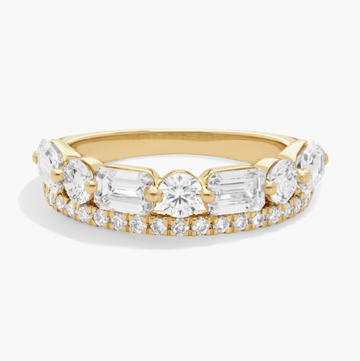 2 Row Diamond Ring with 2 CTW Emerald and Round Cut Lab-Grown Diamonds in 14K Yellow Gold