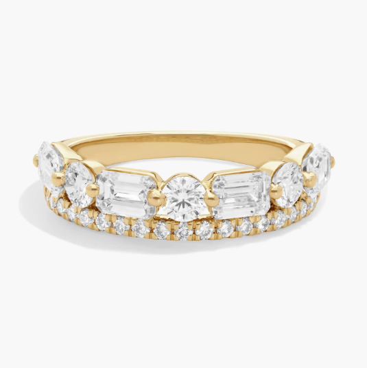 2 Row Diamond Ring with 2 CTW Emerald and Round Cut Lab-Grown Diamonds in 14K Yellow Gold
