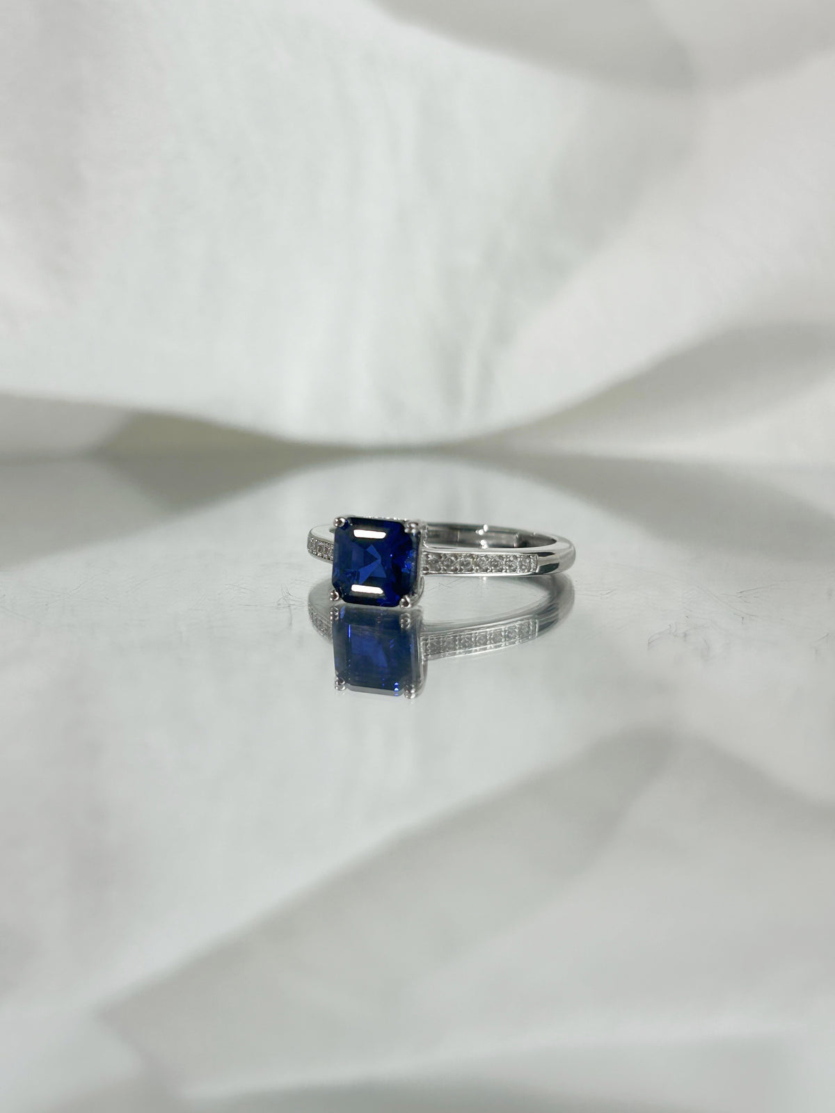 Asscher Cut Lab Grown Sapphire Ring, Center Stone 1.3ct in S925 Silver