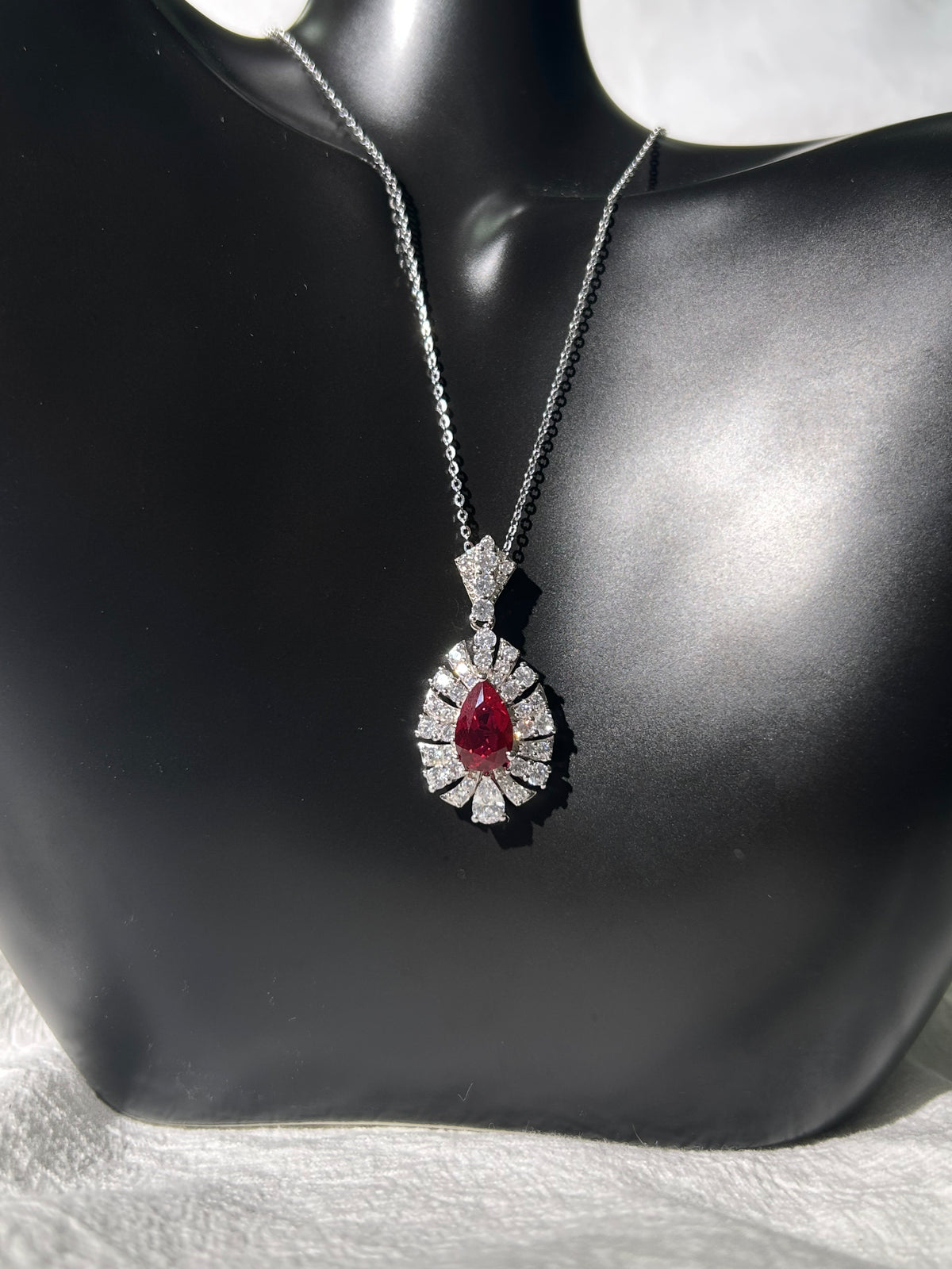 Pear Cut Lab Grown Ruby Pendant Necklace, 3ct Center Stone in S925 Silver