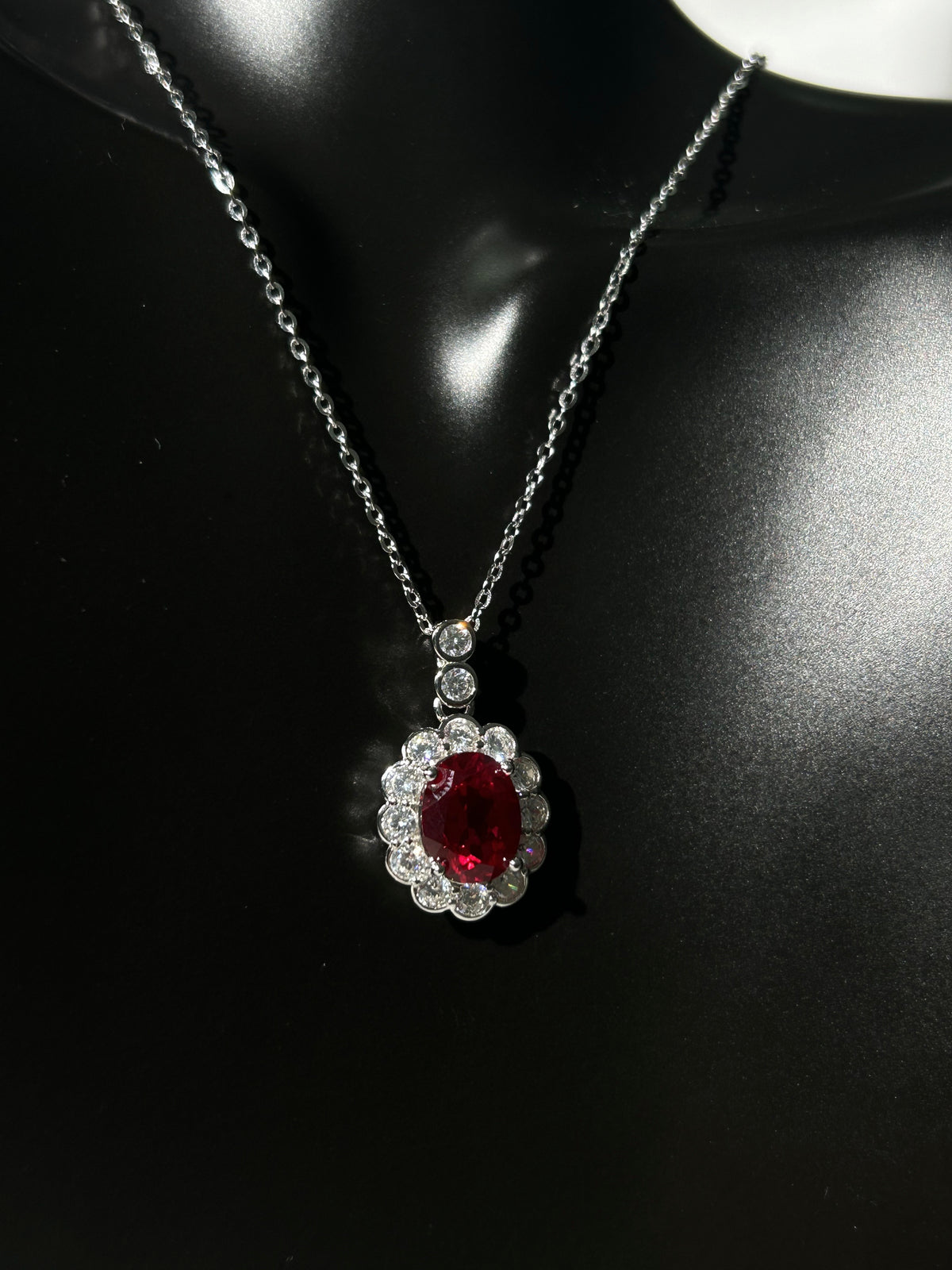 Oval Cut Lab Grown Ruby Pendant Necklace, 2.5ct Center Stone in S925 Silver