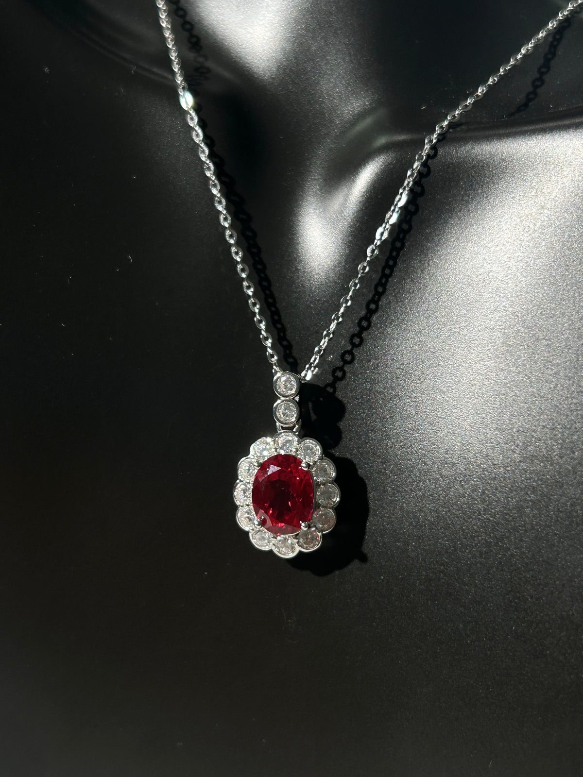 Oval Cut Lab Grown Ruby Pendant Necklace, 2.5ct Center Stone in S925 Silver
