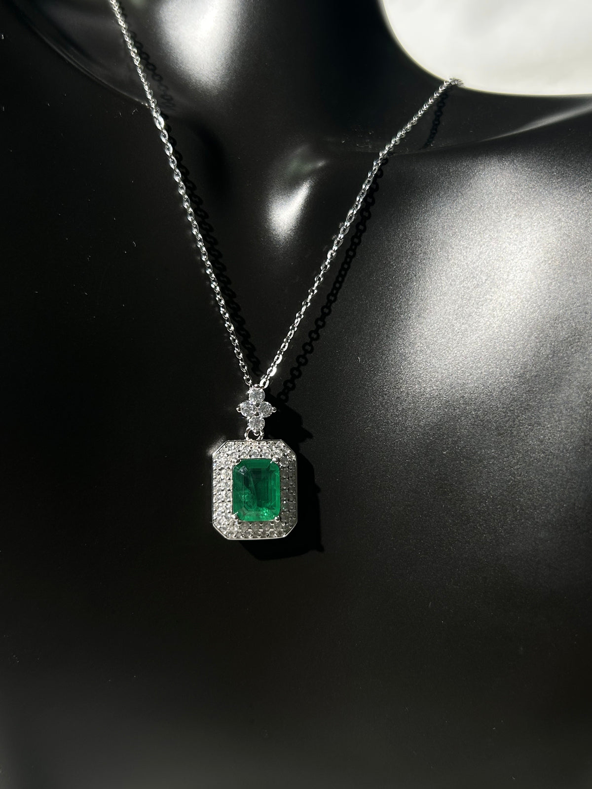 Emerald Cut Lab Grown Emerald Pendant Necklace, 3ct Center Stone in S925 Silver