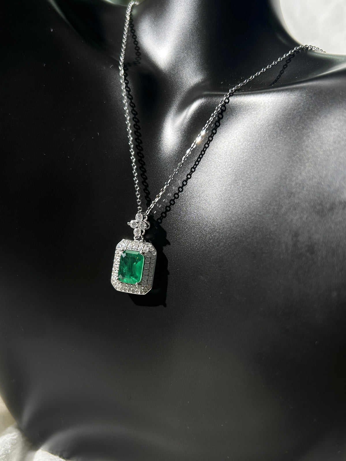 Emerald Cut Lab Grown Emerald Pendant Necklace, 3ct Center Stone in S925 Silver