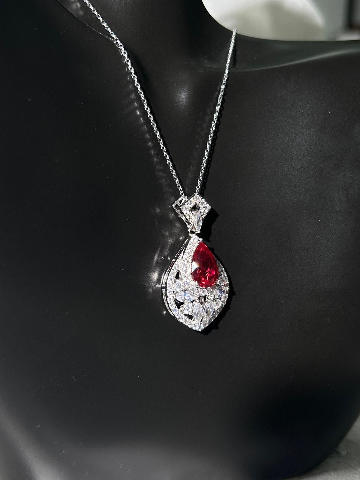 Pear Cut Lab Grown Ruby Pendant Necklace, 4ct Center Stone in S925 Silver