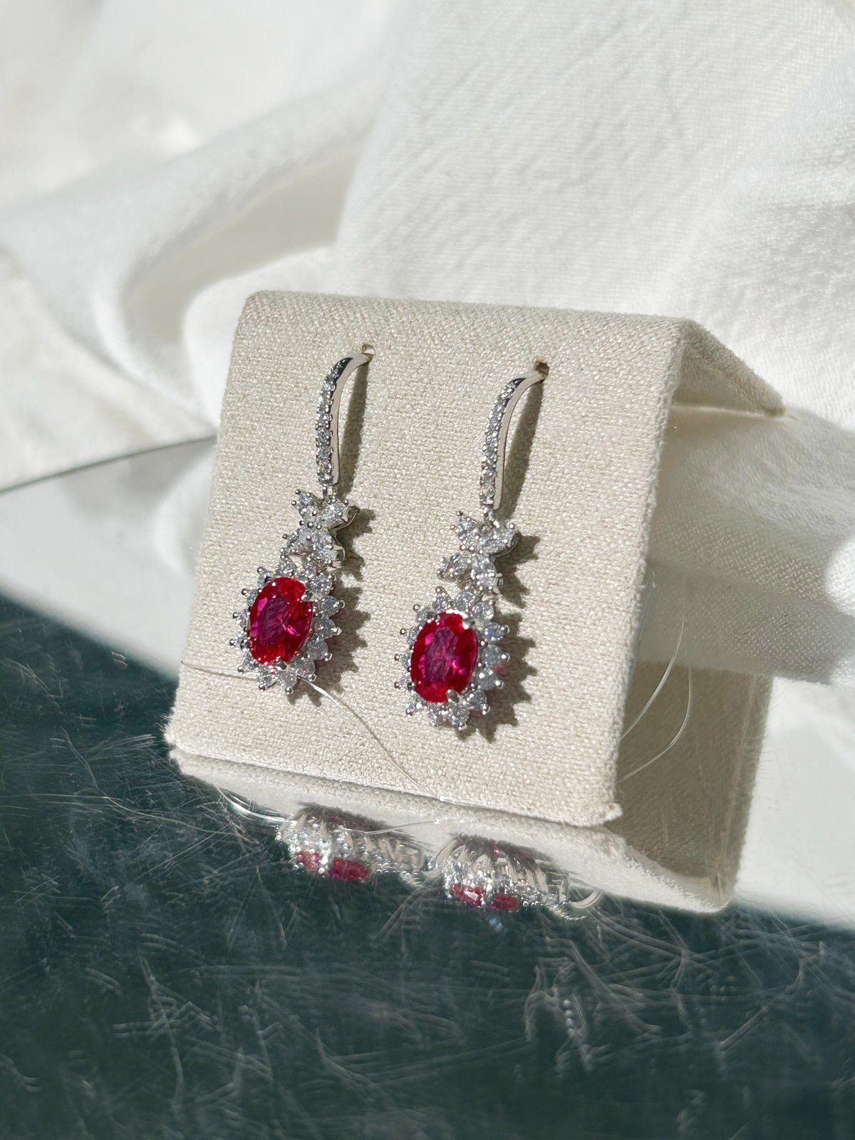 Oval Cut Lab Grown Ruby Drop Earrings, Total 2ct in S925 Silver