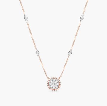 Round Halo Cluster Diamond Necklace In 14K Rose Gold