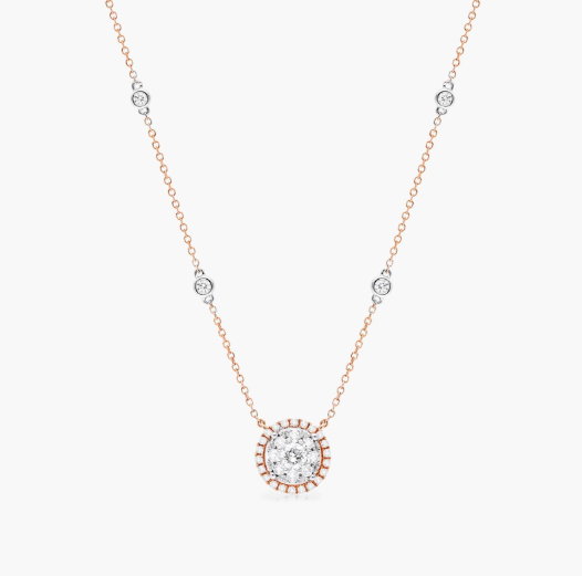 Round Halo Cluster Diamond Necklace In 14K Rose Gold