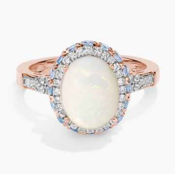 Oval Opal and Swiss Blue Topaz Halo Ring in 14k Rose Gold