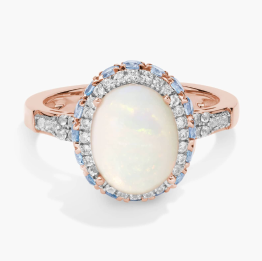 Oval Opal and Swiss Blue Topaz Halo Ring in 14k Rose Gold
