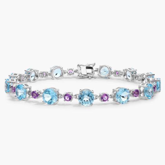 Sky Blue Topaz and Pink Amethyst Mixed Size Round Bracelet in 14k White Gold