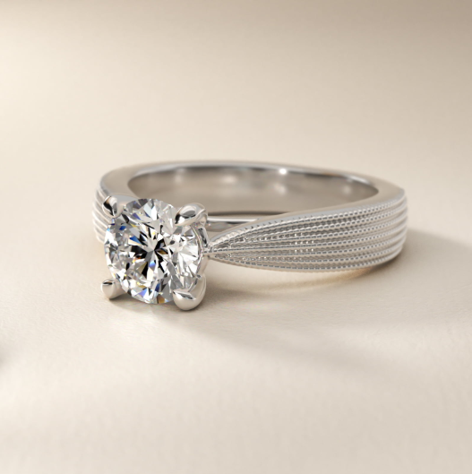 Reverse Taper Modern Milgrain Solitaire Engagement Ring In 18K White Gold