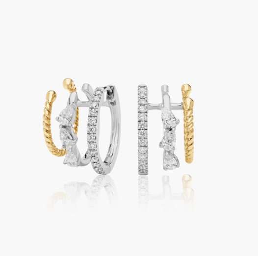 Two-Tone Triple Row Climber Huggie Earrings With Lab-Grown Diamonds In 14K Gold