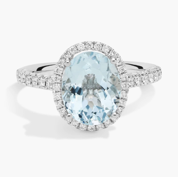 Aquamarine and Diamond Halo Ring in 18k White Gold (10x8mm)